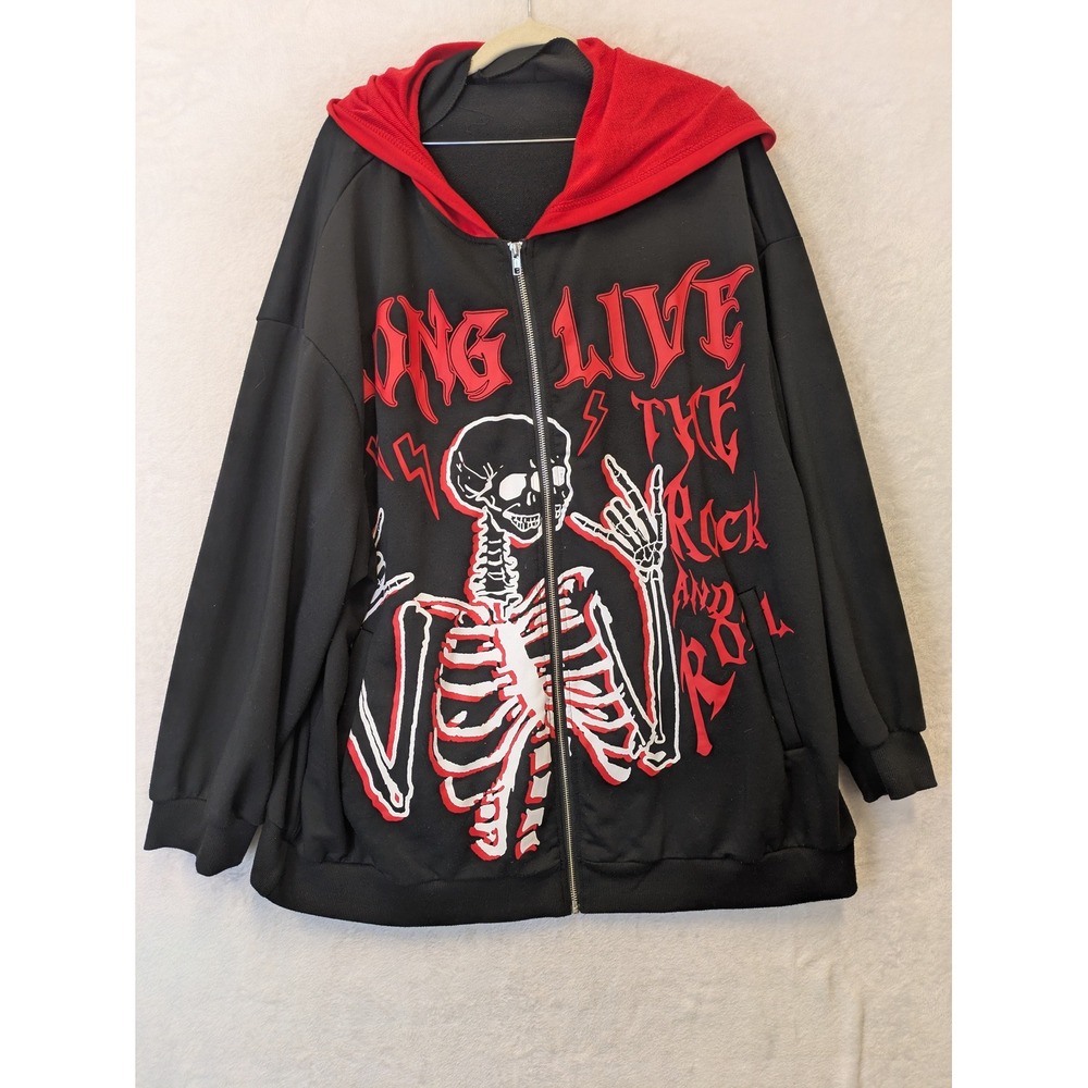 SHEIN Curve Womens 3XL Skeleton Graphic‎ Zip Up Hoodie Black Red Rock And Roll